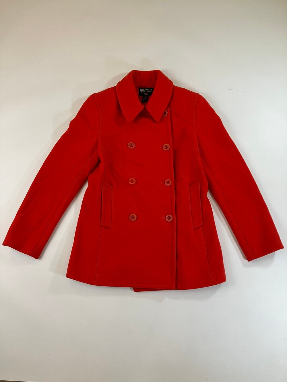 Vintage Polo Jeans Co Ralph Lauren Women XS Orange Wool Peacoat Double Breasted